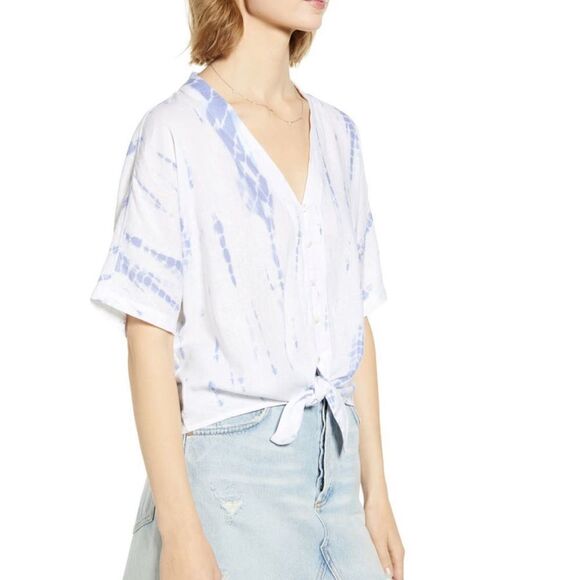 RAILS Thea Tie‎ Waist Linen Blouse Top, Tie-dyed, Blue/White, Large, (12), NWT - Picture 6 of 16